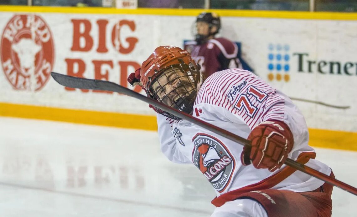 The Falcons’ Kyle Glenney celebrates after opening the scoring his team’s 6-2 victory over Chatham to open a best-of-three Sutherland Cup final at Jack Gatecliff Arena in St. Catharines.