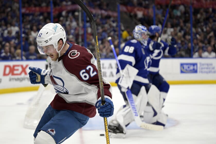 Colorado Avalanche left wing Artturi Lehkonen (62) reacts after scoring on Tampa Bay Lightning.