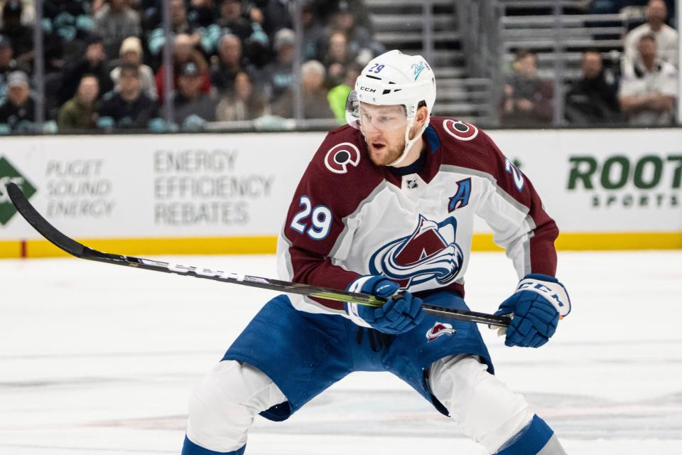 Colorado Avalanche forward Nathan MacKinnon is pictured during an NHL hockey game against the Seattle Kraken, Wednesday, April 20, 2022, in Seattle. The Kraken won 3-2. (AP Photo/Stephen Brashear)