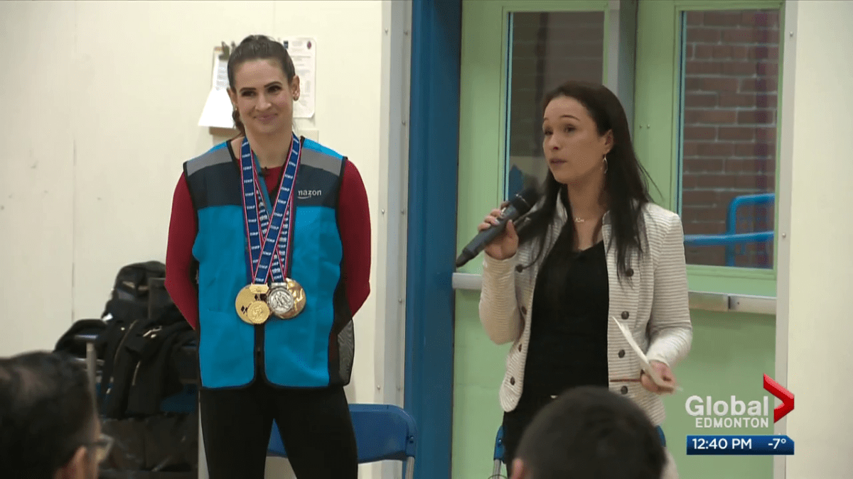 Click to play video: 'Women’s hockey Olympic medallist Meaghan Mikkelson surprises Edmonton elementary school'