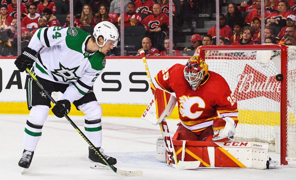 Calgary Flames goaltender Jacob Markstrom makes a save on Roope Hintz of the Dallas Stars (Photo by Derek Leung/Getty Images)