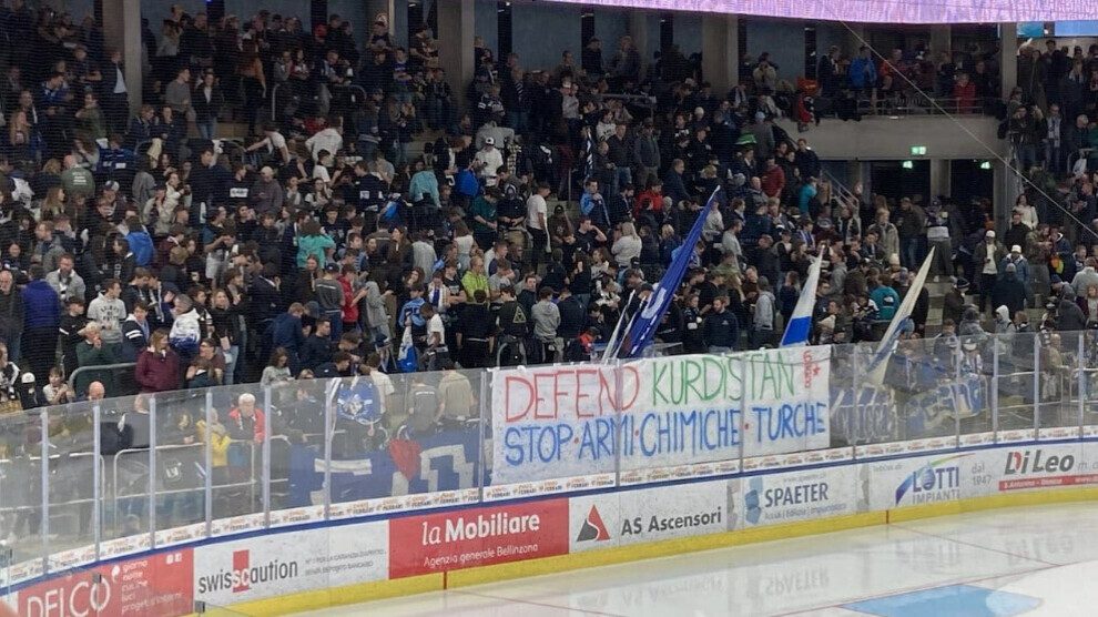 Fans at ice hockey match in Switzerland expose Turkish attacks against Kurdistan