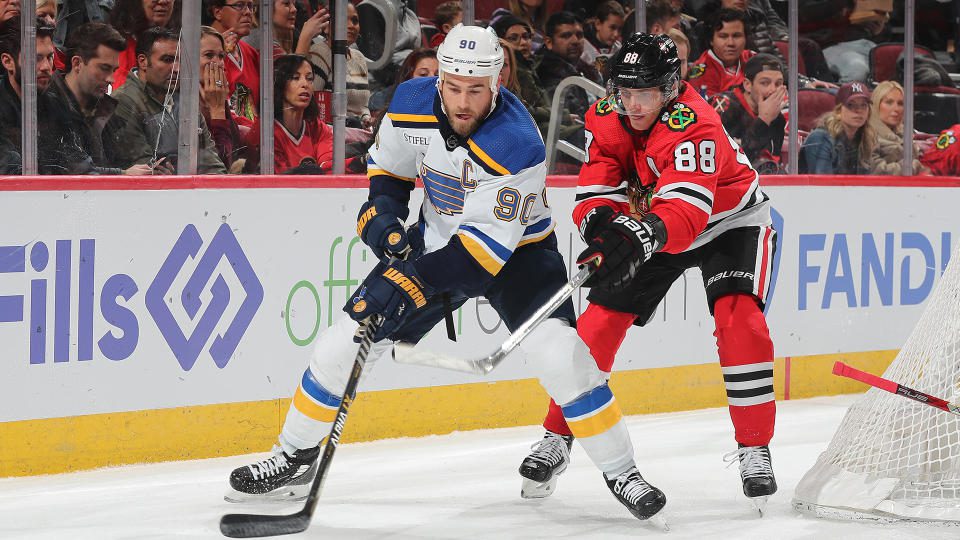 Ryan O'Reilly #90 of the St. Louis Blues and Patrick Kane #88 of the Chicago Blackhawks are two of the biggest names to watch ahead of the NHL trade deadline. (Photo by Chase Agnello-Dean/NHLI via Getty Images)