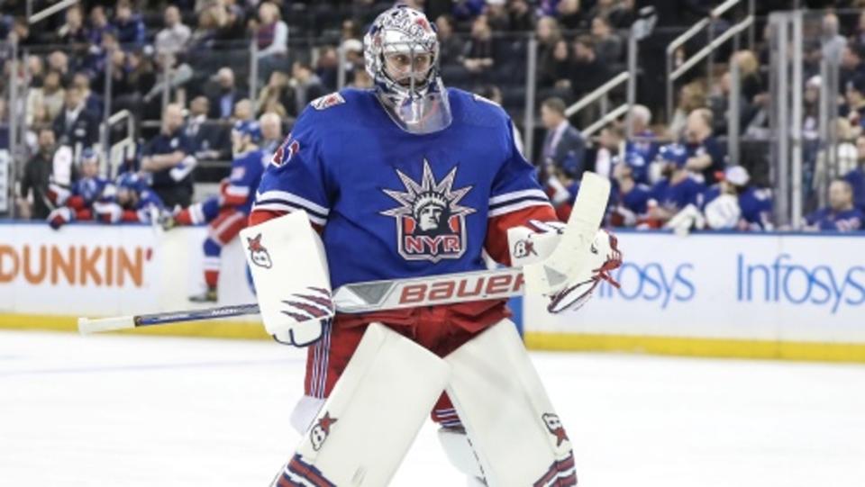 New York Rangers goaltender Jaroslav Halak (41) takes the ice after a timeout in the third period against the Vegas Golden Knights at Madison Square Garden