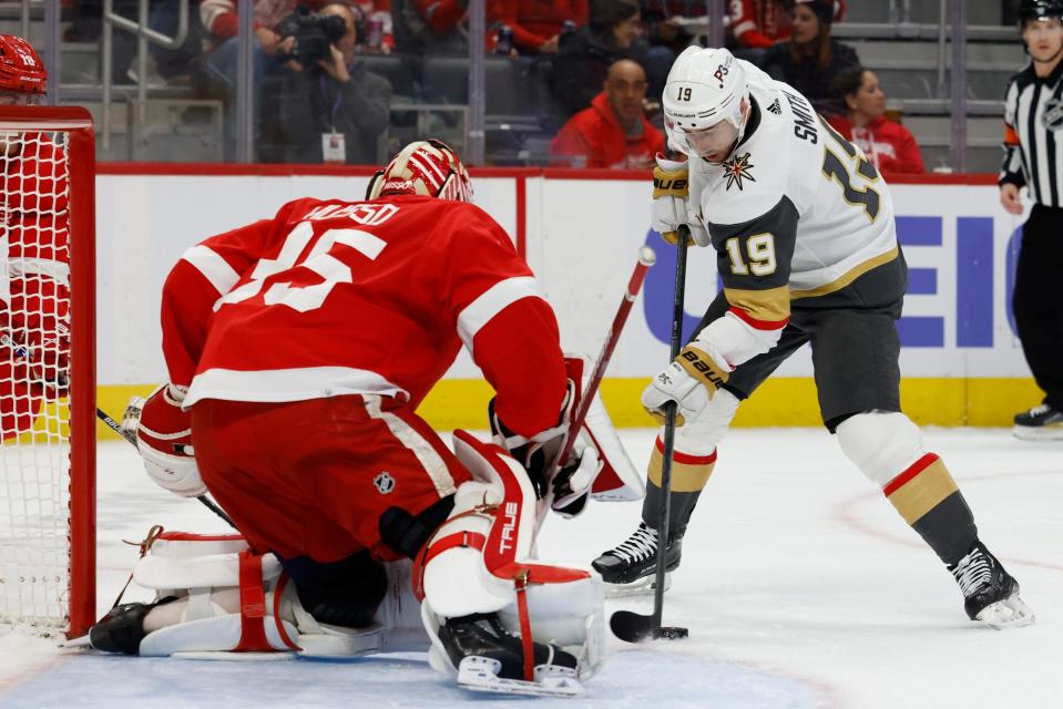 Golden Knights right wing Reilly Smith shoots the puck against Red Wings goaltender Ville Husso in the first period on Saturday, Dec. 3, 2022, at Little Caesars Arena.