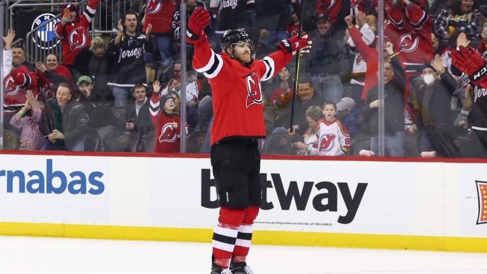Jan 22, 2023; Newark, New Jersey, USA; New Jersey Devils defenseman Dougie Hamilton (7) celebrates his game winning goal against the Pittsburgh Penguins during overtime at Prudential Center. Mandatory Credit: Ed Mulholland-USA TODAY Sports
