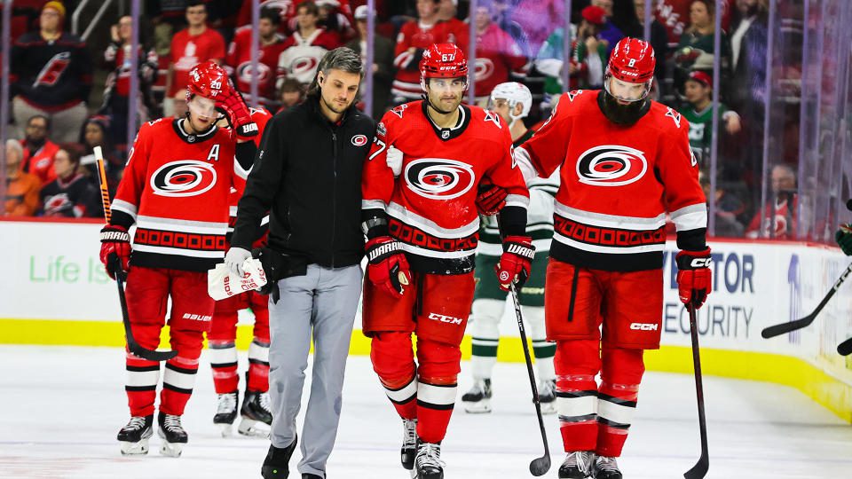 Hurricanes forward Max Pacioretty #67 had to be helped off the ice on Thursday. (Photo by Jaylynn Nash/Getty Images)