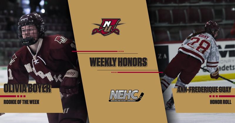 Women’s Ice Hockey: Boyer Named Rookie of the Week by NEHC, Guay Receives Honor Roll