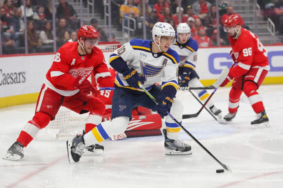 Blues center Brayden Schenn handles the puck during the first period on Thursday, March 23, 2023, at Little Caesars Arena.