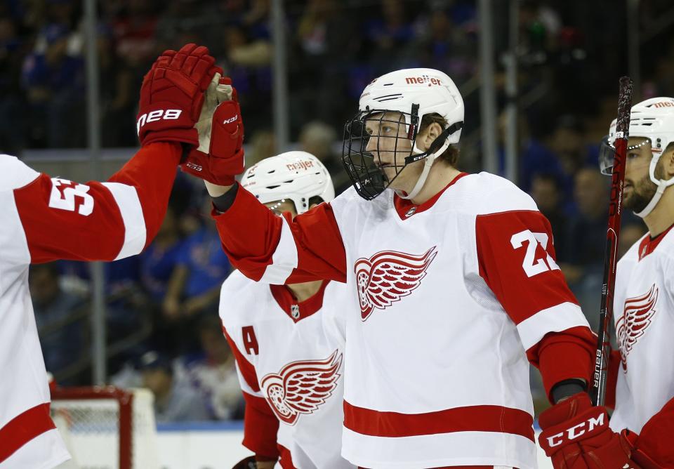 Red Wings right wing Matt Luff celebrates his goal with teammates during the second period on Sunday, Nov. 6, 2022, in New York.