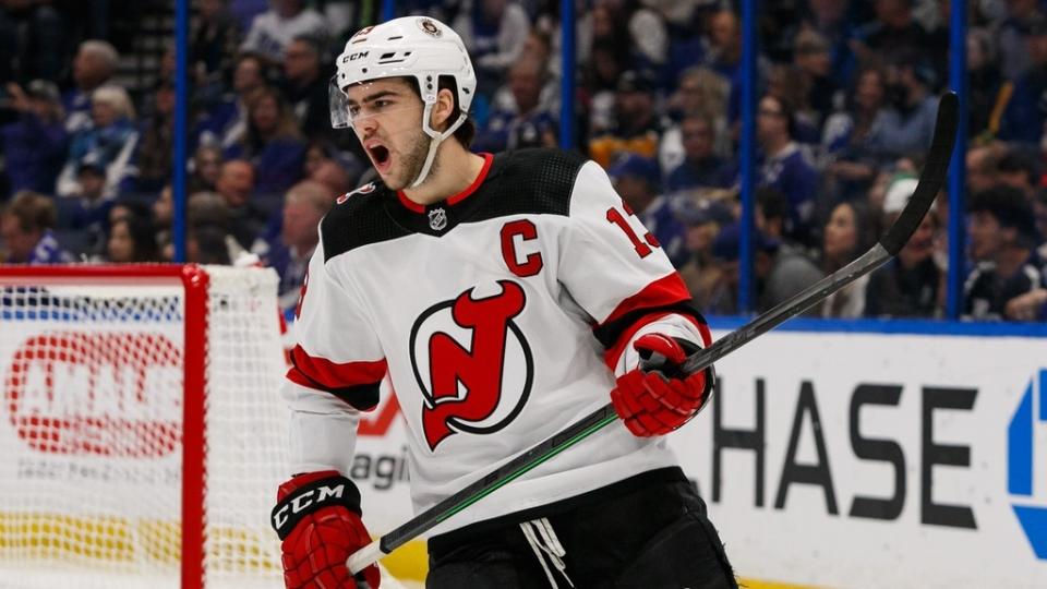 Mar 19, 2023; Tampa, Florida, USA; New Jersey Devils center Nico Hischier (13) at Amalie Arena.