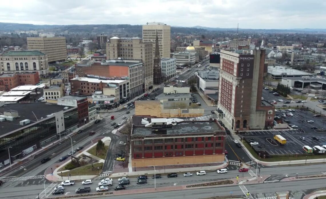 Flyover the city of Utica, NY.