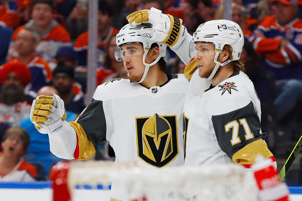 Zach Whitecloud (left) scored a goal in the Vegas Golden Knights' 5-1 win over the Edmonton Oilers on Monday night.