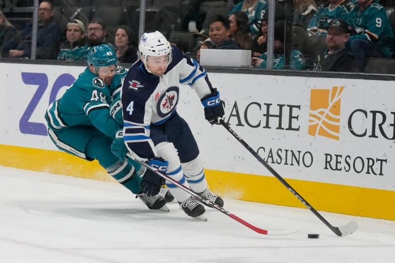 A Jets player wearing #4 carries the puck with his stick in his left hand while using his right hand to fend off a pursuing Sharks player who is trying to poke the puck away.