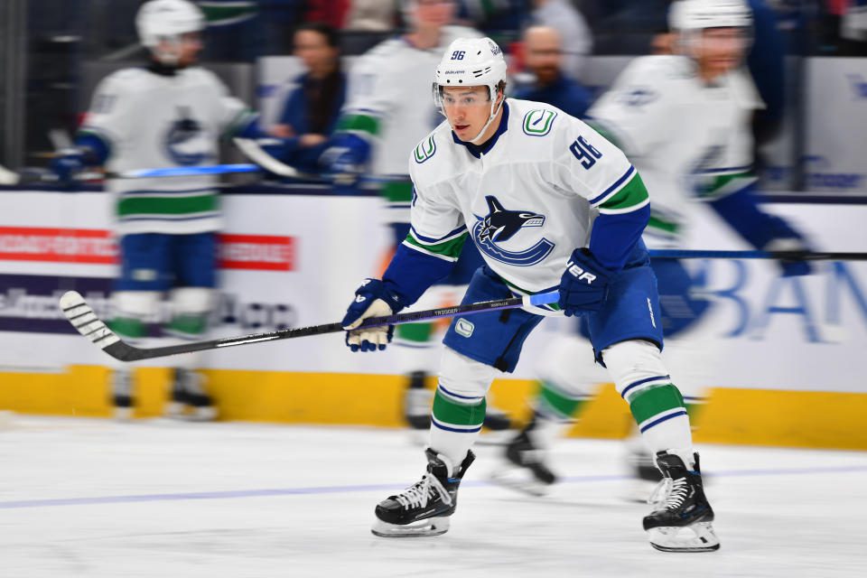 Andrei Kuzmenko #96 of the Vancouver Canucks. (Photo by Ben Jackson/NHLI via Getty Images)