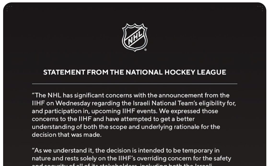 National Hockey League joins the call for the International Ice Hockey Federation to reverse its ban on Israeli teams in 2024 tournaments