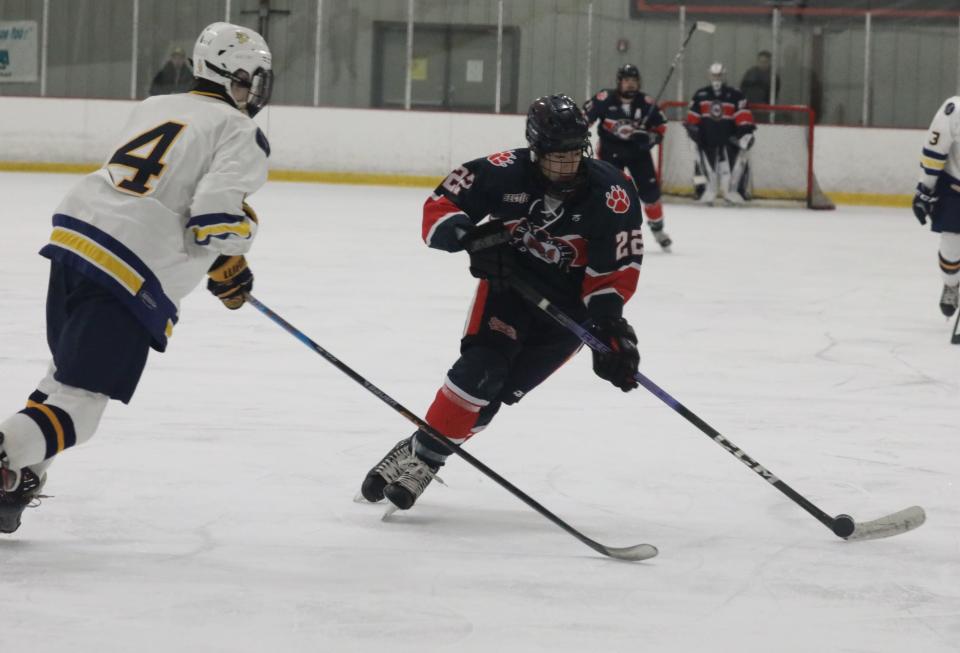 Gavin Nichols from Byram Hills skates toward the net during the Pelham vs. Byram Hills Section One Division II hockey championship at the Brewster Ice Arena in Brewster, Feb. 25, 2024.