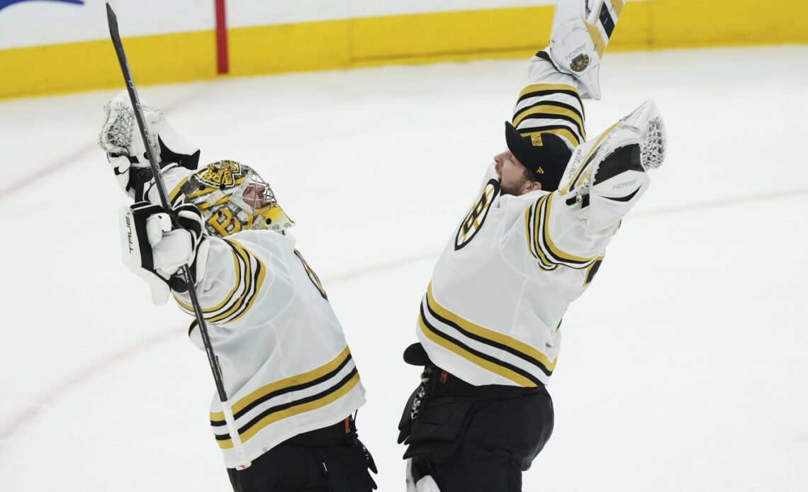 Marchand breaks team playoff goals mark, Bruins beat Maple Leafs 3-1 to move within win of advancing