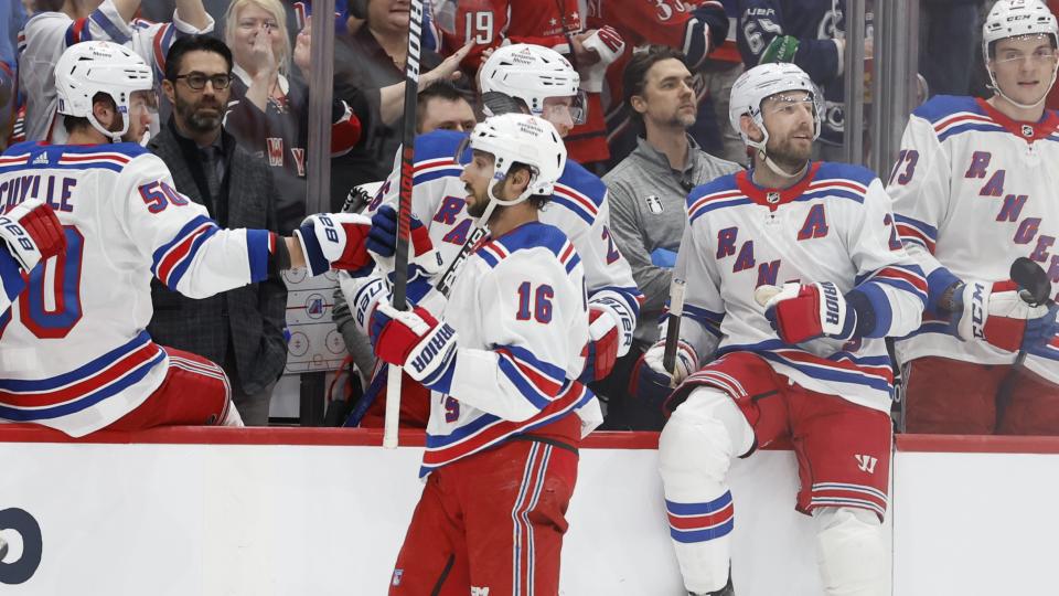 Apr 28, 2024; Washington, District of Columbia, USA; New York Rangers center Vincent Trocheck (16) celebrates with teammates after scoring a goal against the Washington Capitals in the first period in game four of the first round of the 2024 Stanley Cup Playoffs at Capital One Arena. Mandatory Credit: Geoff Burke-USA TODAY Sports