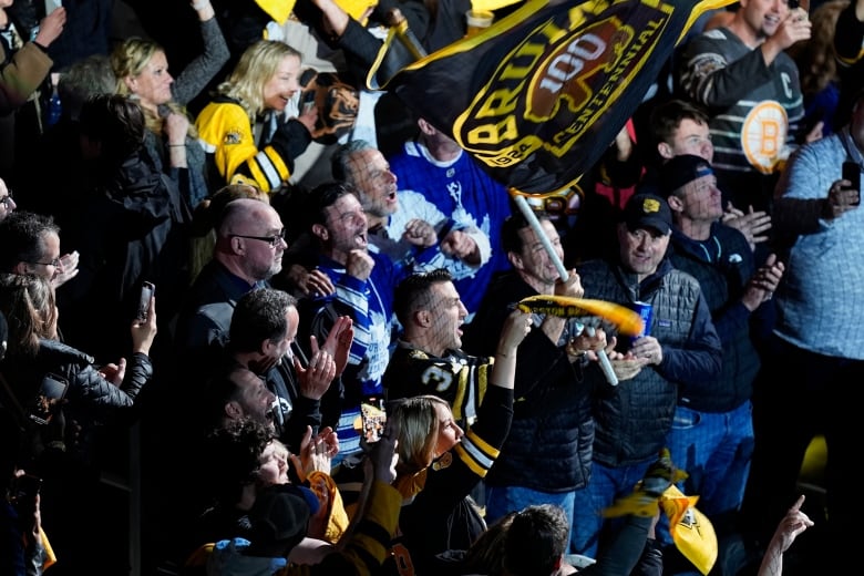 A fan waves a flag in a crowd of hockey fans.