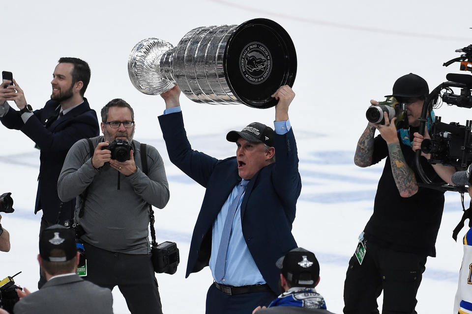Craig Berube led the St. Louis Blues to the Stanley Cup title in 2019. He was fired on Dec. 12, 2023. (Photo by Joe Puetz/NHLI via Getty Images)