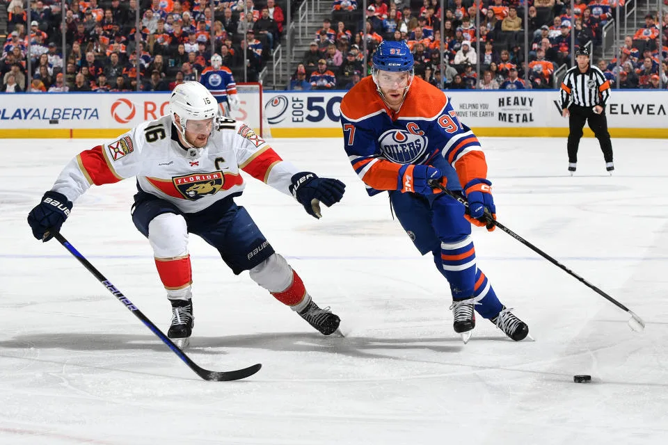 Connor McDavid vs. Aleksander Barkov will be one of the intriguing matchups during the 2024 Stanley Cup Final between the Oilers and Panthers. (Photo by Andy Devlin/NHLI via Getty Images)