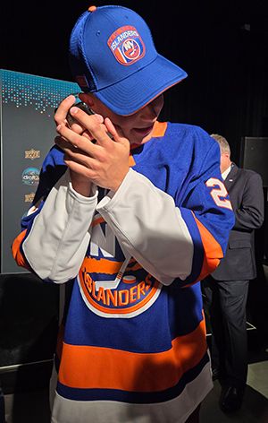 Kamil Bednarik gets a congratulatory phone call from soon-to-be fellow BU forward Cole Eiserman, both of whom were selected by the NY Islanders.