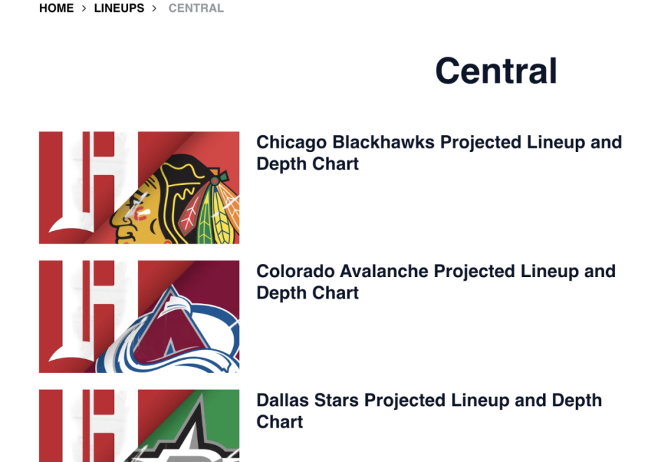 <a class="link " href="https://sports.yahoo.com/nhl/teams/chicago/" data-i13n="sec:content-canvas;subsec:anchor_text;elm:context_link" data-ylk="slk:Blackhawks;sec:content-canvas;subsec:anchor_text;elm:context_link;itc:0">Blackhawks</a> THN Depth Chart<p>THN</p>