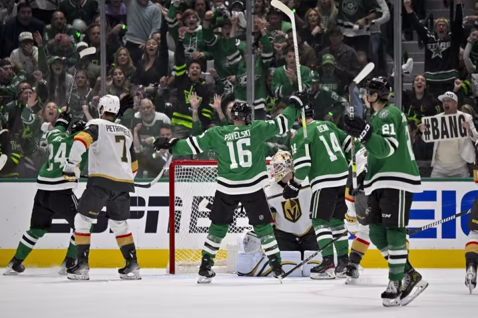 Dallas Stars center Roope Hintz (24) and center Joe Pavelski (16) and left wing <a class="link " href="https://sports.yahoo.com/nhl/players/4519/" data-i13n="sec:content-canvas;subsec:anchor_text;elm:context_link" data-ylk="slk:Jamie Benn;sec:content-canvas;subsec:anchor_text;elm:context_link;itc:0">Jamie Benn</a> (14) and left wing Jason Robertson (21) celebrates a power play goal scored by Robertson against Vegas Golden Knights goaltender <a class="link " href="https://sports.yahoo.com/nhl/players/8155/" data-i13n="sec:content-canvas;subsec:anchor_text;elm:context_link" data-ylk="slk:Logan Thompson;sec:content-canvas;subsec:anchor_text;elm:context_link;itc:0">Logan Thompson</a> (36) in the first period in game two of the first round of the 2024 Stanley Cup Playoffs at American Airlines Center.<p> Jerome Miron-USA TODAY Sports</p>