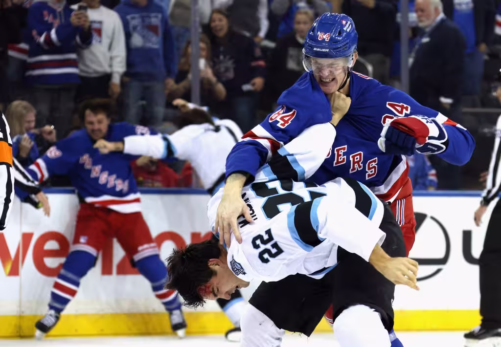 Adam Edstrom gets into a fight during the Rangers' loss to Utah on Oct. 12, 2024.