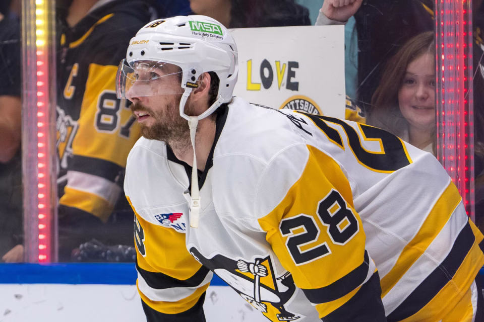 Oct 26, 2024; Vancouver, British Columbia, CAN; Pittsburgh Penguins defenseman Marcus Pettersson (28) rests during warm up prior to a game against the Vancouver Canucks at Rogers Arena. Mandatory Credit: Bob Frid-Imagn Images <p>© Bob Frid - Imagn Images</p>