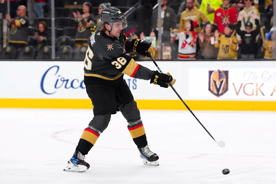 Vegas Golden Knights center Raphael Lavoie (36) warms up before a game against the New Jersey Devils at T-Mobile Arena. Mandatory Credit: Stephen R. Sylvanie-Imagn Images