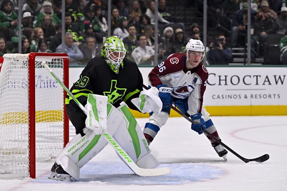 Jake Oettinger and Mikko Rantanen (Jerome Miron-Imagn Images)