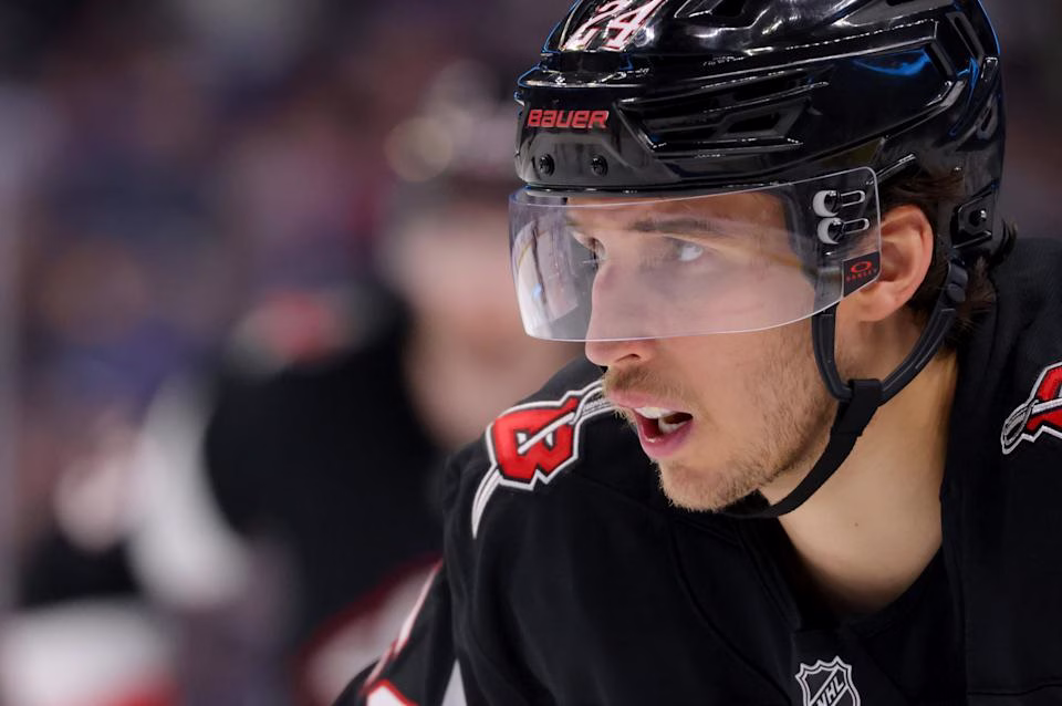 Mar 1, 2025; Buffalo, New York, USA; Buffalo Sabres center Dylan Cozens (24) during a stoppage in play against the Montreal Canadiens at KeyBank Center.  (Timothy T. Ludwig, Imagn Images)