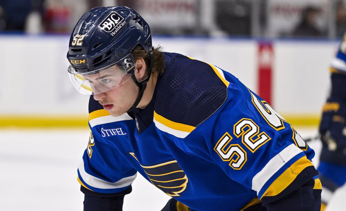 St. Louis Blues prospect Zach Dean (52) has entered the NHL/NHLPA Player Assistance Program. (Jeff Curry-Imagn Images)
