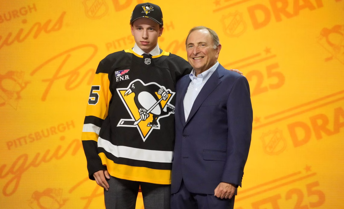 Jun 27, 2025; Los Angeles, California, USA; Benjamin Kindel is selected as the 11th overall pick to the Pittsburgh Penguins in the first round of the 2025 NHL Draft at Peacock Theater. Mandatory Credit: Kirby Lee-Imagn Images